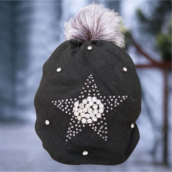 NWT New Adrienne Landau Black Crystal Embellished Wool Star Pom Pom Hat/Beanie main image 12